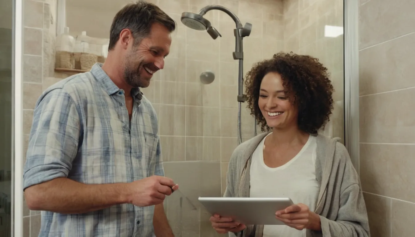 Homeowner and a local remodeling provider reviewing plans in a bright bathroom in Johns Creek